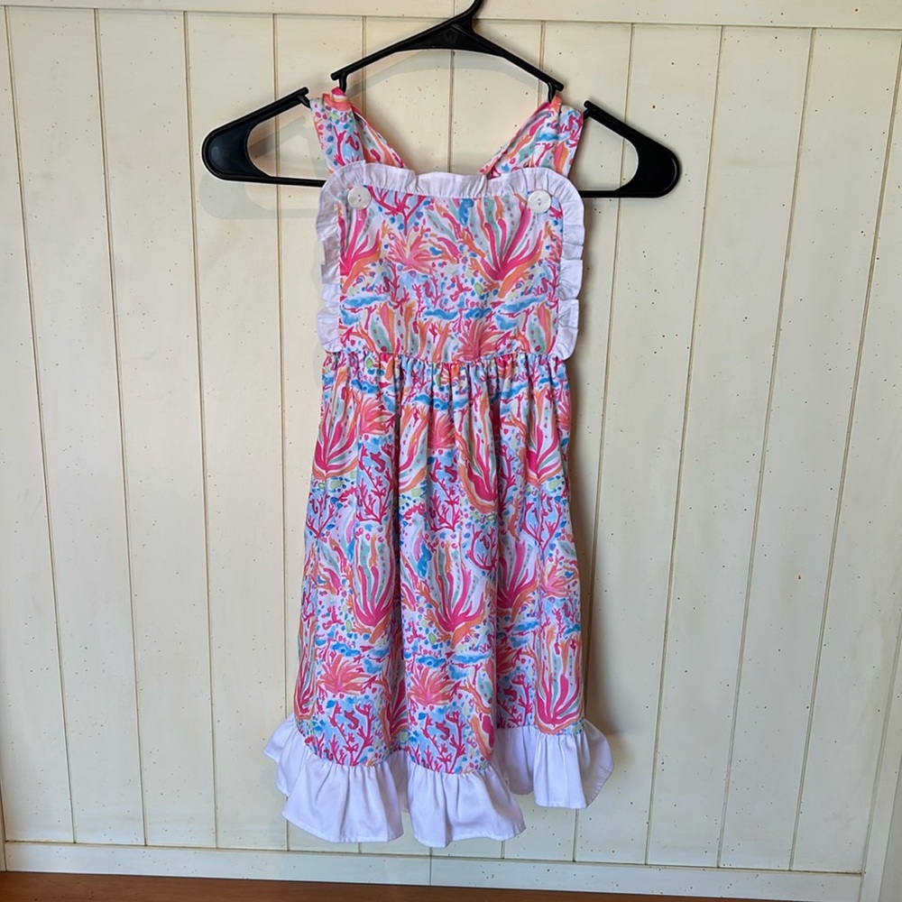 Smocking bird bright corals girls size 5 apron style dress